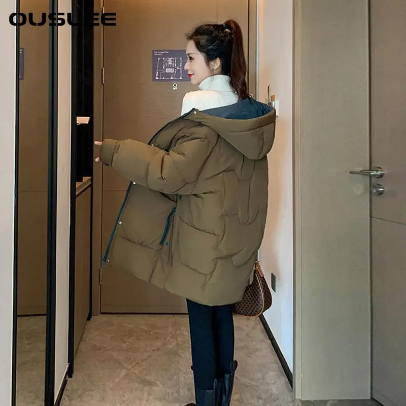 OUSLEE Women Winter Coat Fashion Winter Jacket Short Warm Cotton Padded Parka Outwear Hooded Solid Plus Thicken Coat Jacket