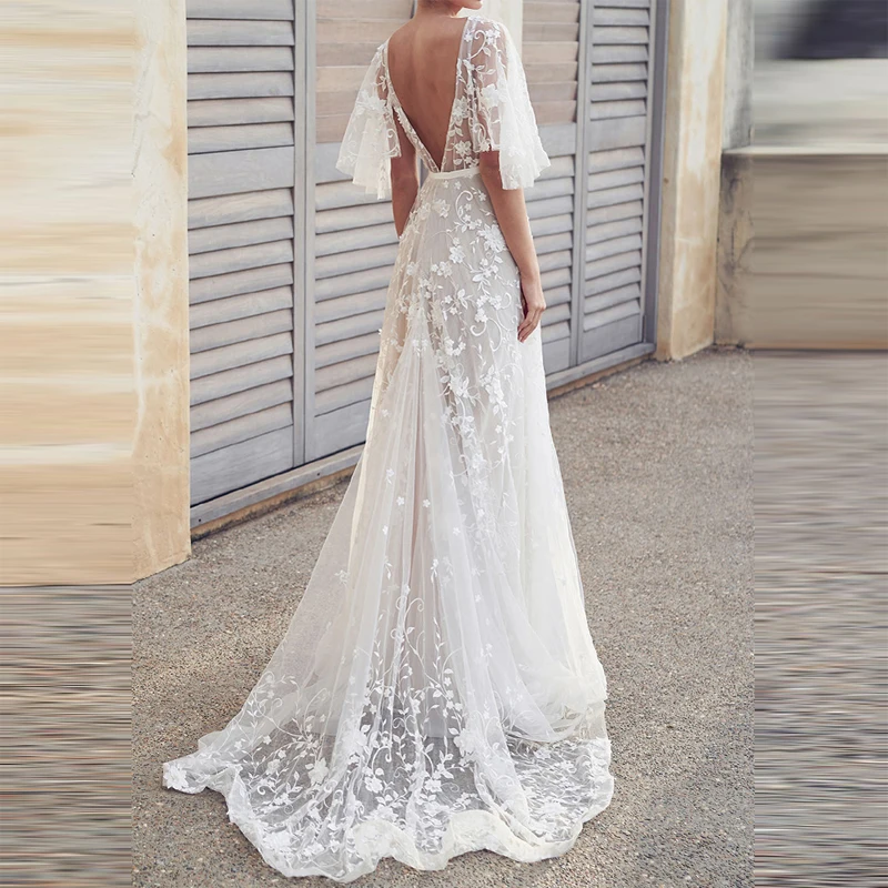 

Women Lace Dress Elegant Long Gowns Romantic V-neck Maxi Backless Dress Evening Club Wedding White Party Dresses female vestidos