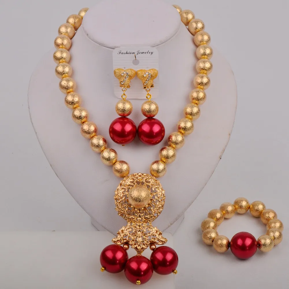 

Wine Nigerian Wedding Beads Necklace African Jewelry Set Simulated Pearl Dubai Gold Bridal Jewelry Sets
