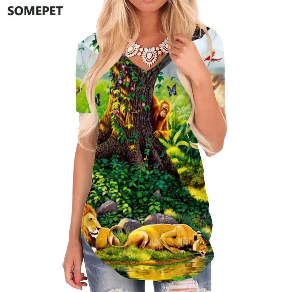 

SOMEPET Animal T Shirt Women Tiger Funny T shirts Forest V-neck Tshirt Star Shirt Print Womens Clothing Punk Rock Casual Tops