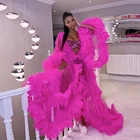 Ярко-розовые беременности и родам платья с рюшами края пышное платье Выпускной прозрачные длинные рукава сетки беременных халаты халат de Вечер, Длинное нарядное платье