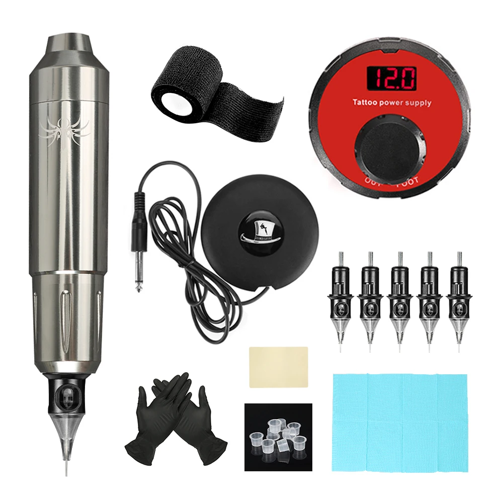 

Tattoo Machine Kit Rotary Pen With Cartridges Needles Foot Pedal Switch Tattoo Gun Professional tattoo Power Supplies 4 colors