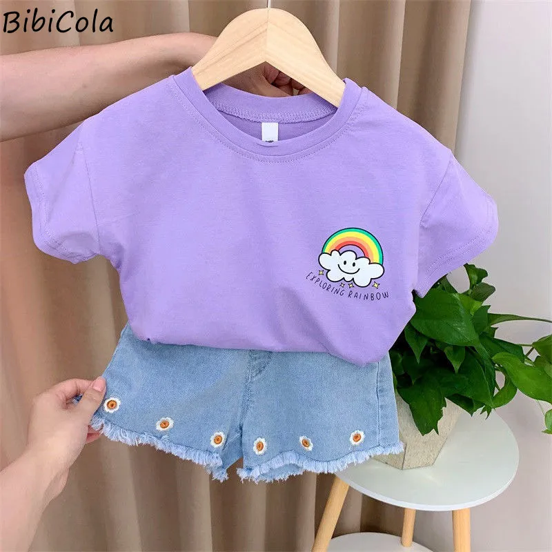 

Baby Girls Summer Clothes Round Neck Cloud Rainbow Letter Solid Color T-shirt + Daisy Denim Shorts Two-piece