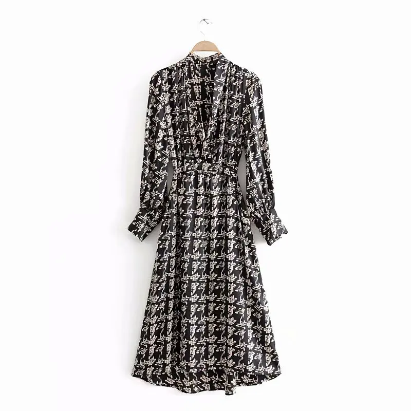 Женское платье с принтом осень 2019 новая мода длинный рукав поясом до середины