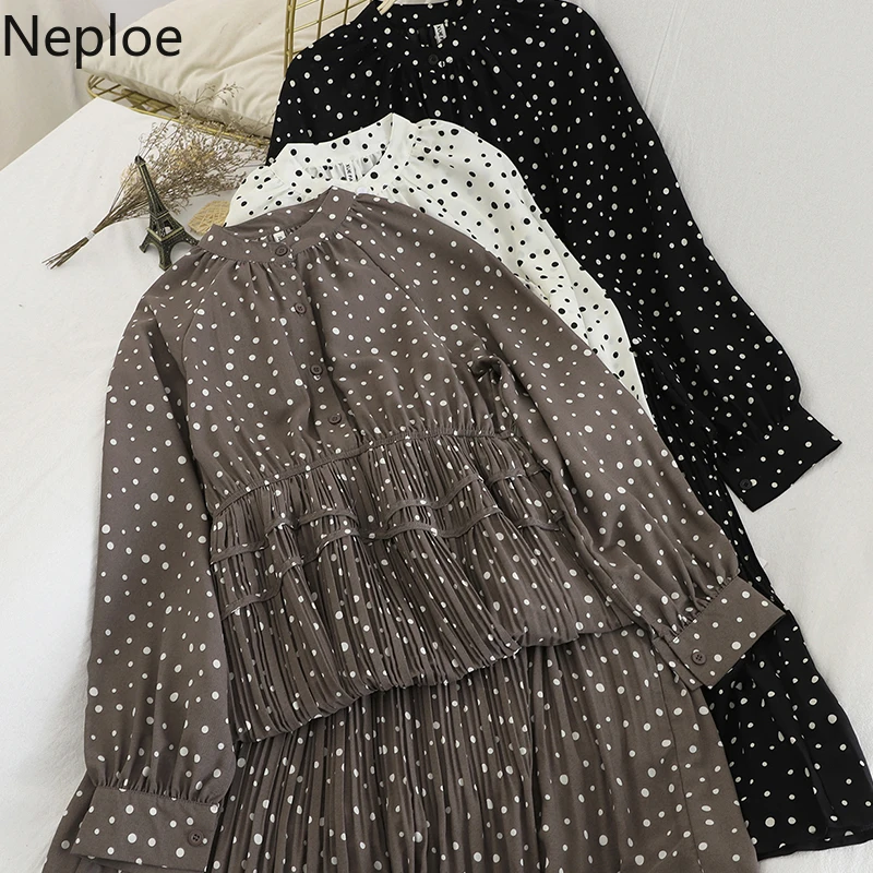 Neploe 2020 платье в горошек женское корейское с круглым вырезом и длинным рукавом