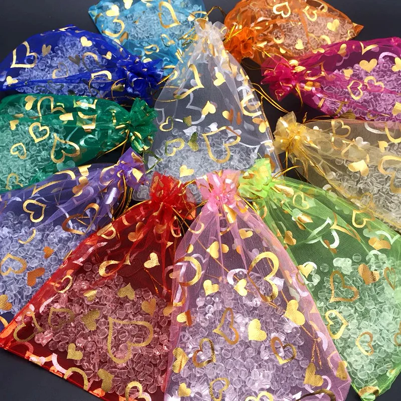 

10pcs Bronzing Yarn Bag Drawable Organza Jewelry Bags Wedding Supplies Candy Bags Gifts Pouches Festival Decoration Random Mixed