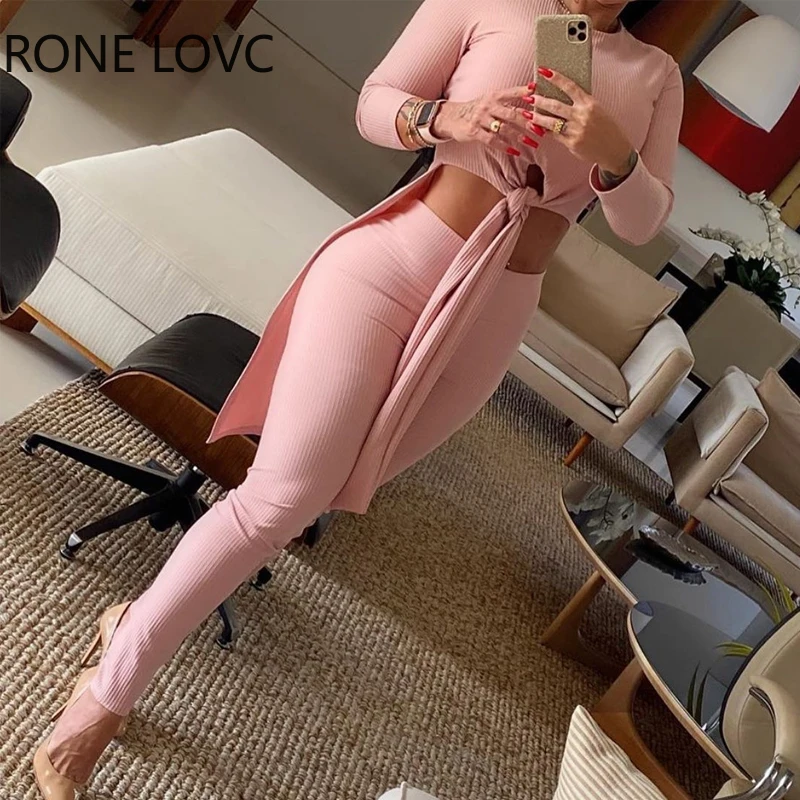 Для женщин пикантные однотонные узлом с О образным вырезом одежда длинным