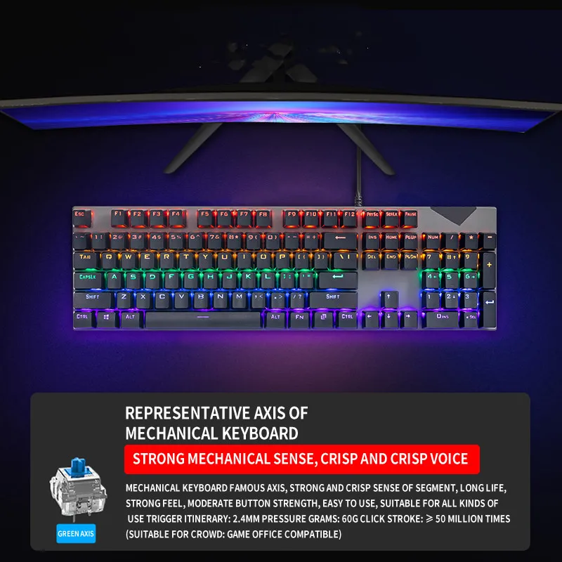 Игровая механическая клавиатура проводная USB с синим и красным переключателем 104