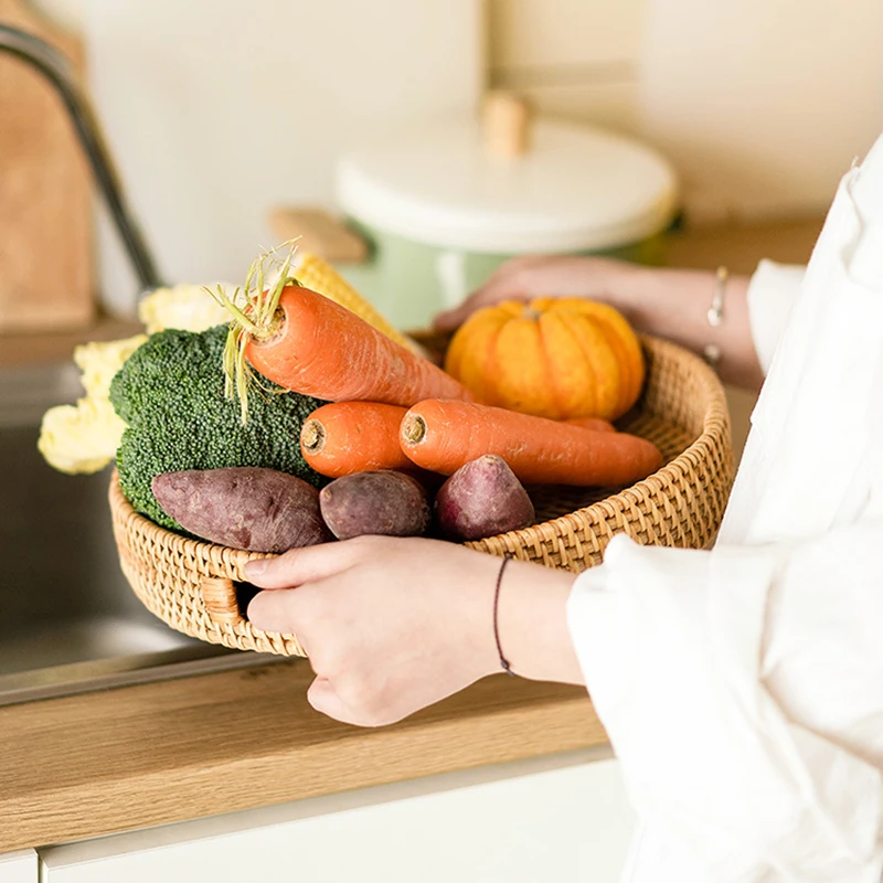 

Плетеный вручную лоток из ротанга для хранения хлеба, корзина для еды, Женский предмет для гостиницы, Плетеный лоток для хранения чая с ручк...