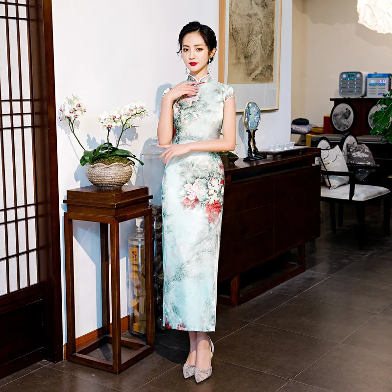 Qipao Платья с цветочным принтом винтажное платье чонсам парча длинное женское