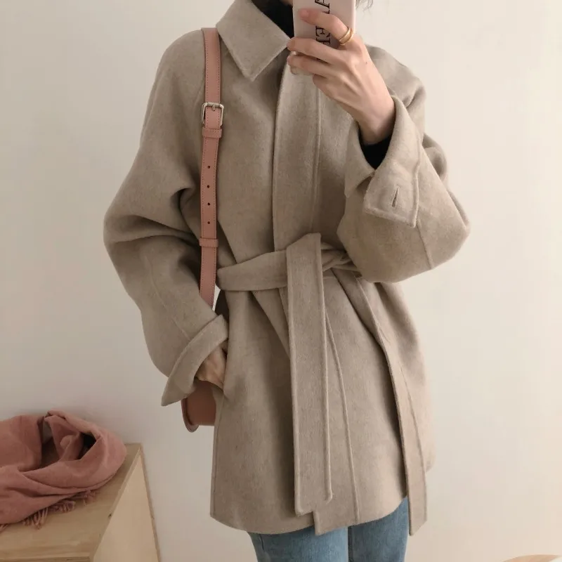 

Куртка HziriP Женская однотонная шерстяная с поясом, шикарная Минималистичная свободная Стильная универсальная уличная одежда, корейский сти...