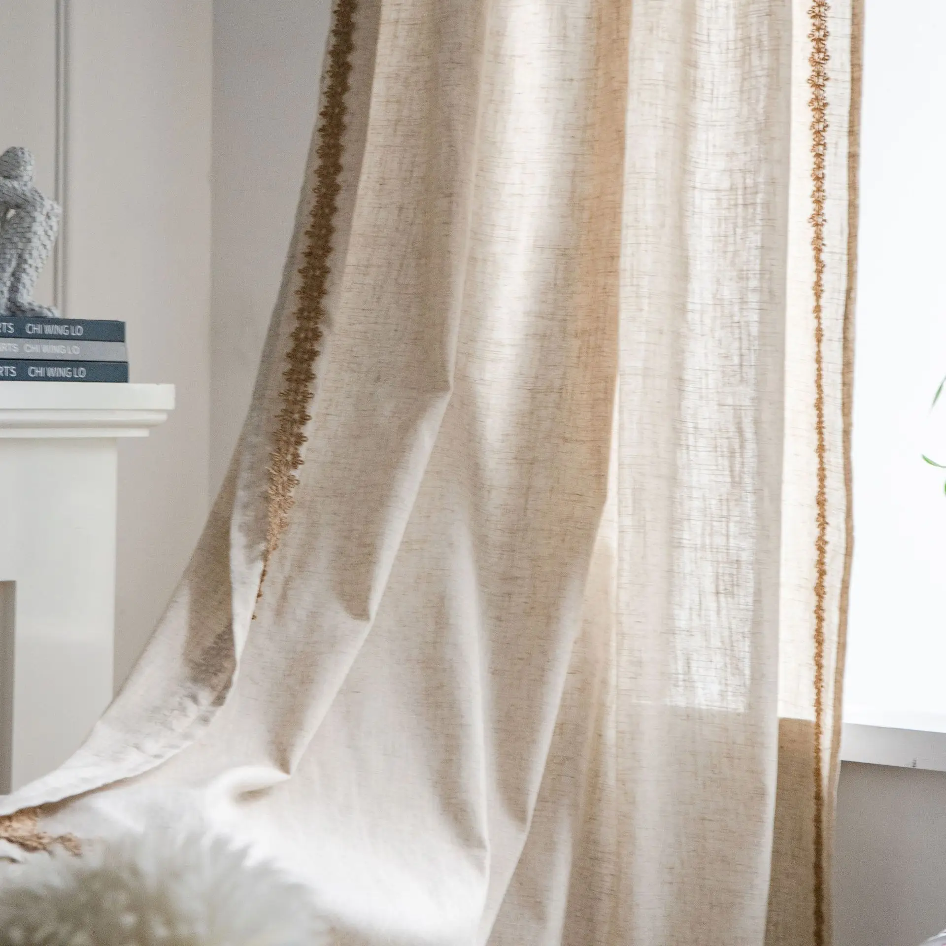 

Solid Color Beige Curtain For Bedroom Living room Cotton Linen Printed Decorative Curtains with Lace Edged Home Decoration