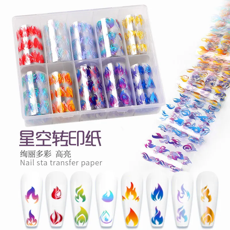 

2021 Trendy Fashion Holographic Fire Flame Nail Art Stickers Laser Flames Nail Art Foil Transfer Sticker Decal Decorations 10pcs