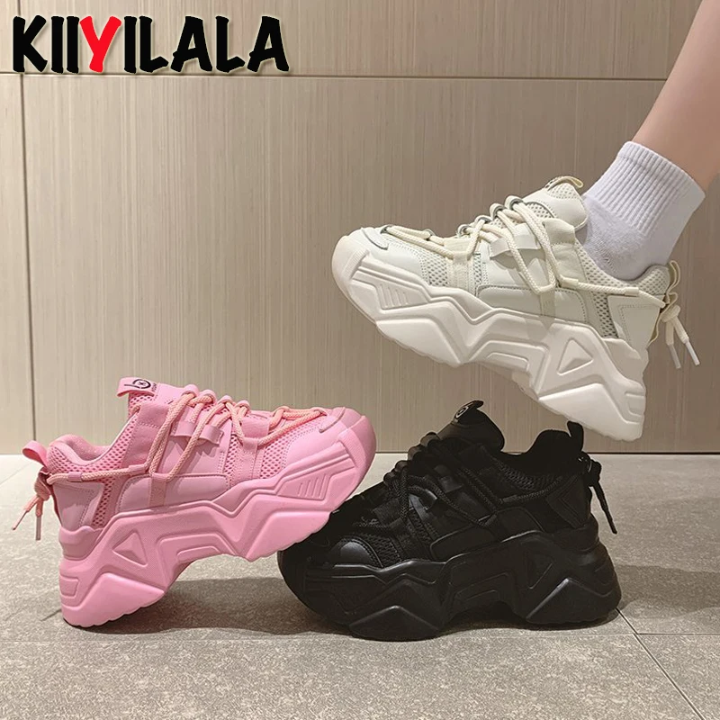 

Розовые кроссовки Kiiyilala на платформе, женские кроссовки на шнуровке, модная женская обувь, спортивная Женская сетчатая обувь