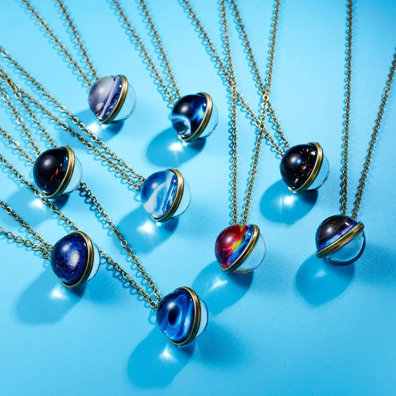 

2022 Galaxy Nebula Universe Luminous Pendant Necklace Retro Women Men Gift Double Side Glass Choker Kids Accessories