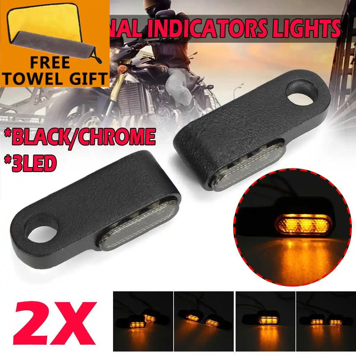Пара 12В мотоциклетных указателей поворота на светодиодах, ручка руля, оранжевый сигнальный светильник, мигалка, алюминиевый сплав, черный/хромированный.