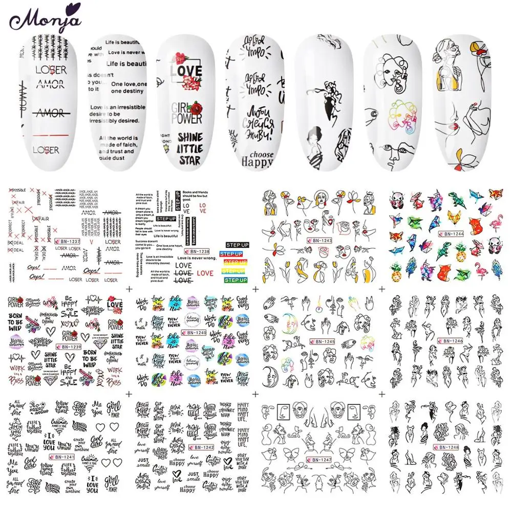 01 Monja Nail Art 12 видов стилей/лист животное человеческое лицо английское абстрактное изображение водяной знак стикер DIY переводная наклейка инструмент для маникюра - Цвет: 01