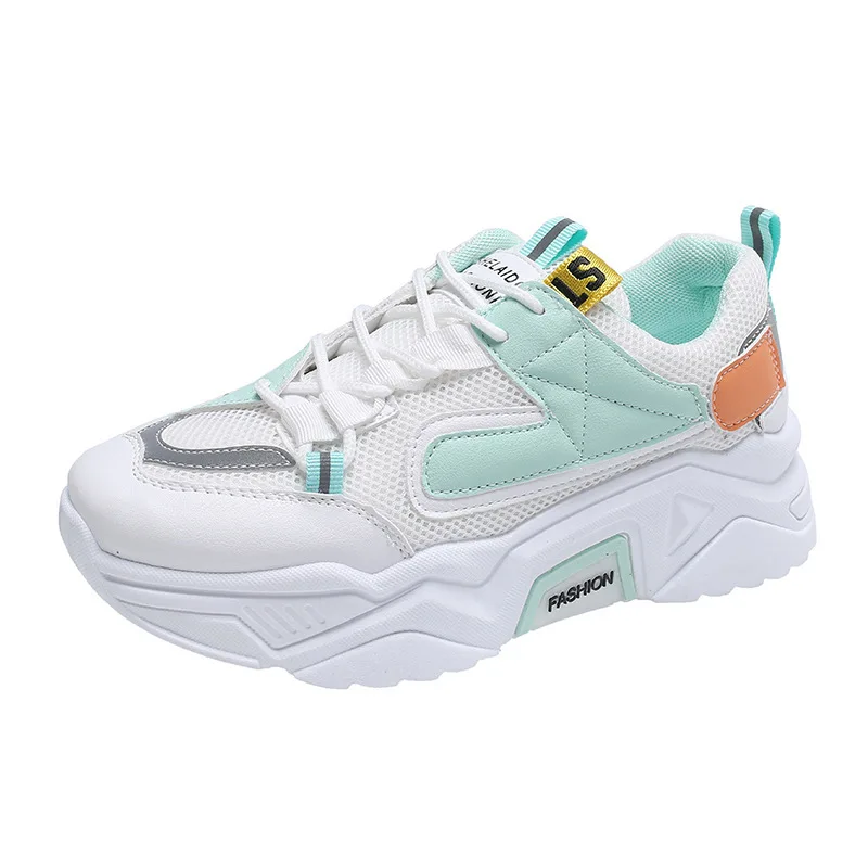 

Women Sneakers Leather Mesh Mixed Colors Rainbow Cross-Tied Fashion Internally Increased Platform Lady Casual Handmade Shoes