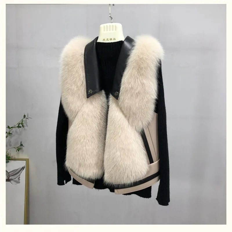 FURSARCAR New Real Natrual Fox Fur Vest Genuine Leather Short Sleeveless Fur Waistcoat Women Winter  Sheep Skin Fox Fur Gilet