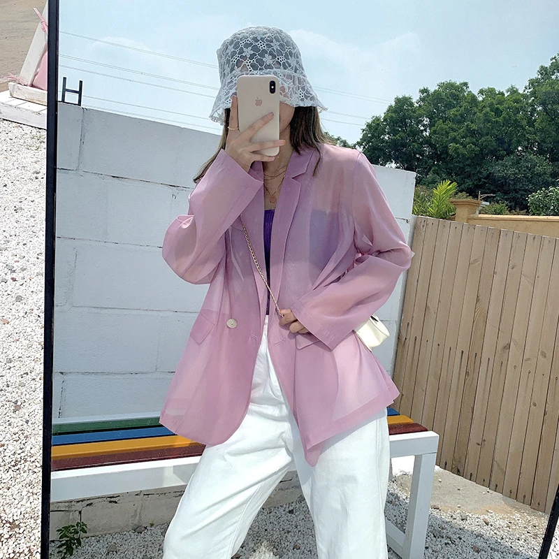 

Chic Summer Women Thin Blazers Tops Fashion Loose Blazers Sunproof Chiffon Suit Jacket Female Cardigans Sunscreen Clothing