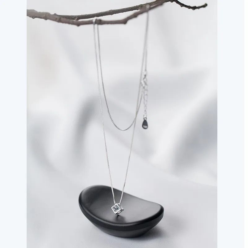 

925 Sterling Silver Small Square Pendant with Cubic Zirconia Stone Statement CZ Bridal Wedding Fine Jewelry Necklaces for Women