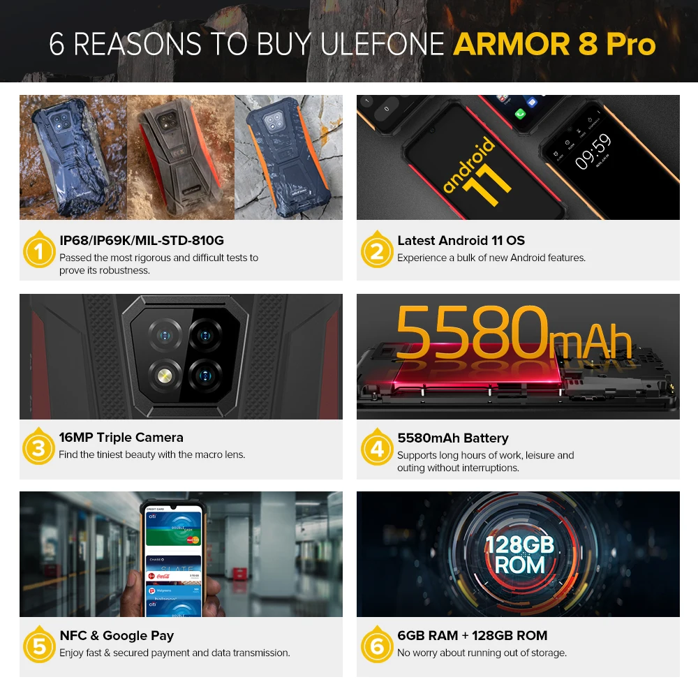 Ulefone-tel&eacute;fono inteligente Armor 8 Pro, resistente al agua, con Android 11, 8GB /6GB + 128GB, NFC/IP68/5580mAh, Global-1