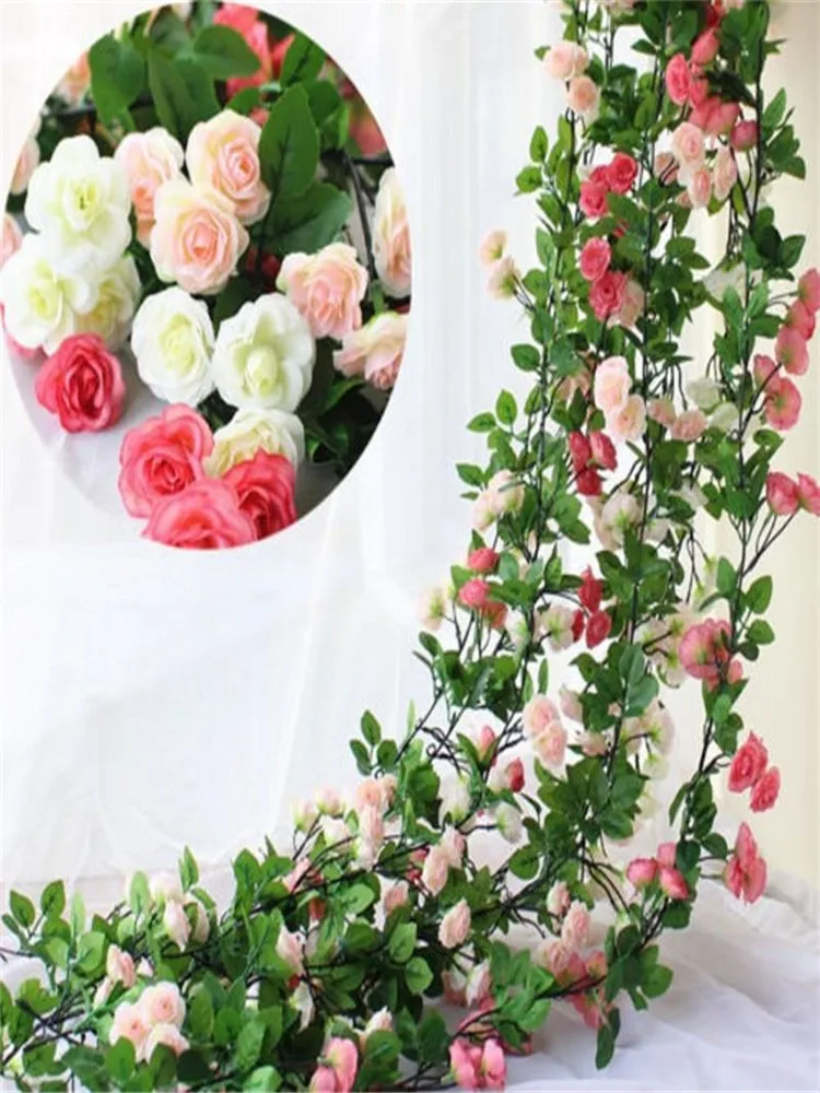 

2019New Blue And White Artificial Rose Silk Flower Green Leaf Vine Garland For Home Wall Weddin Party Decorations 2.4m Long