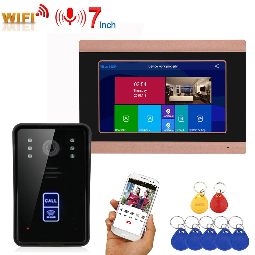 

Видеодомофон, 7 дюймов, беспроводной, Wi-Fi, RFID, домофон, входная система с проводной камерой IR-CUT 1080P, ночное видение