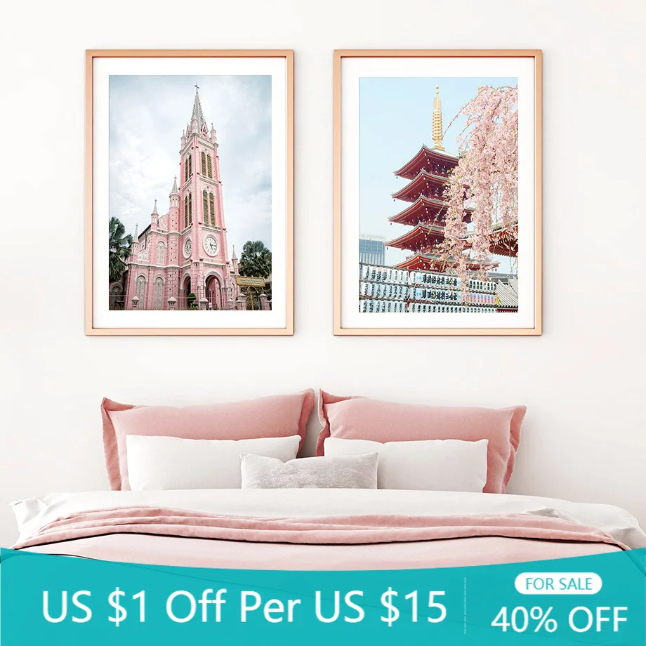 Розовая вьетнамская пагода здания Janpa настенная Картина на холсте скандинавские