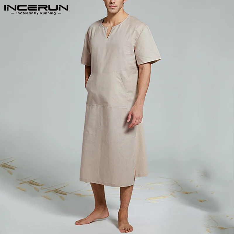 

INCERUN Men Robes Short Sleeve Solid Pajamas V Neck Pockets Cozy Cotton Vintage Homewear Nightgown Kaftan Mens Bathrobes S-5XL