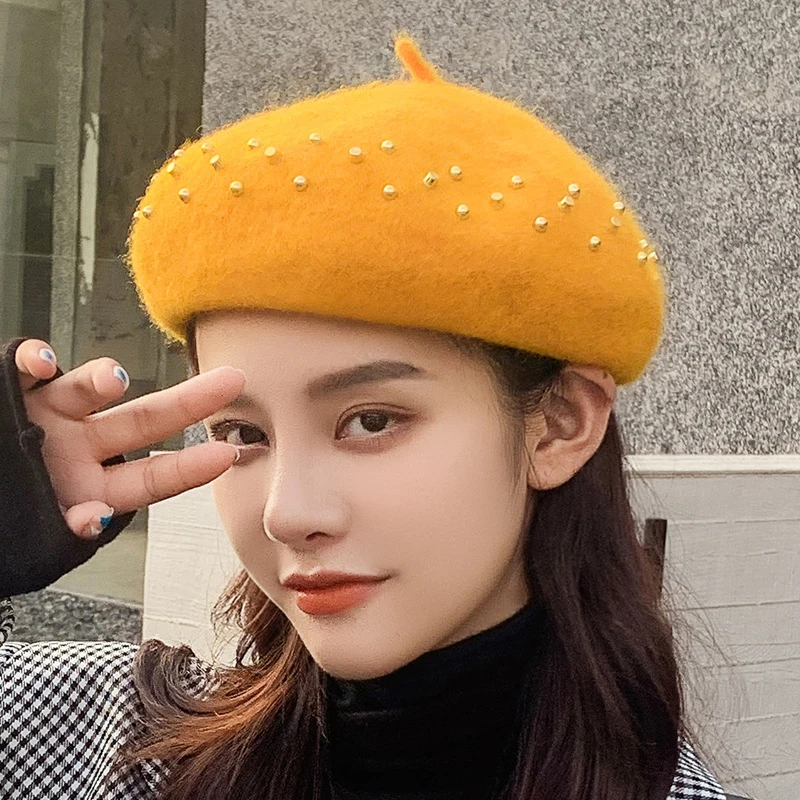 

HT3344 New Fashion Women Berets Solid Rivet Wool Beret Hat Ladies Vintage Artist Painter Hat Female Autumn Winter Hats for Women