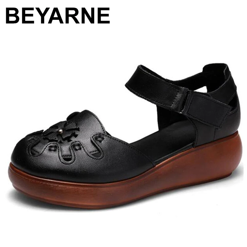 

BEYARNEHigh cowhide round head fashion elegant comfortable shoes woman summer leather sandals 2020new wedge sandals women sandal