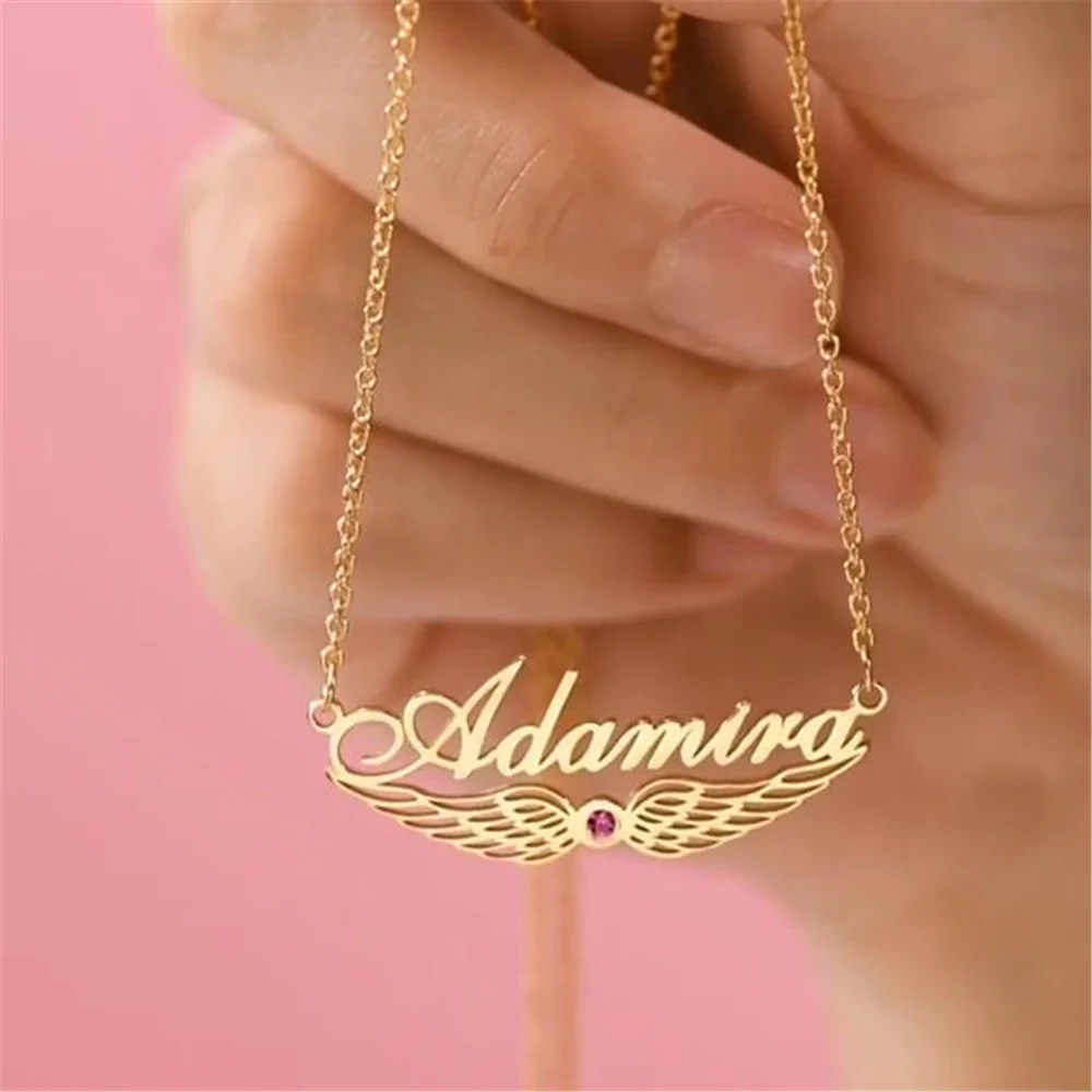 3UMeter Sterling Silver Nameplate Necklace Angel Wing Nameplate Pendant with Birthstone Neckalce Personalized Women Gift