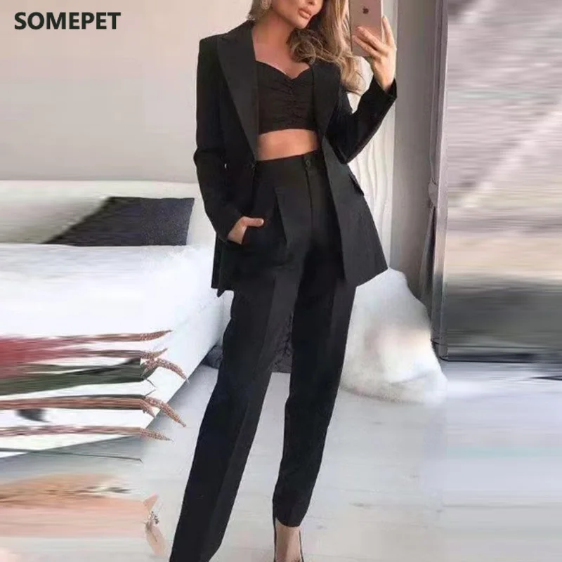 

Woman Vintage Black Slim Fit Blazer 3 Pcs Suit Autumn Elegant Female Solid Matching Sets V-Neck Casual Office Three Piece Set