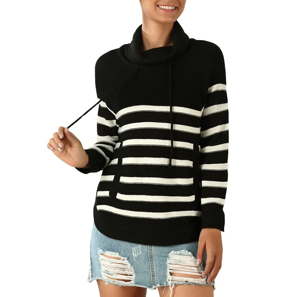Newly Ladies Sweater Design Knitted Striped for Women Girls Scarf Collar Long Sleeve Sweter damski Female Apparel | Женская одежда