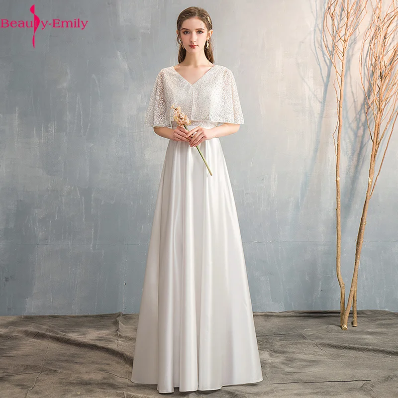 

Beauty-Emily 2021 Long Lace V Neck Evening Dresses Half Sleeve Elegant For Wedding Evening Party Dress Prom Gowns For Stage