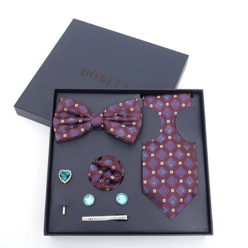 

Luxury Tie Set Gift Box for Men Jacquard Necktie+Bowtie +Pocket Square +Cufflinks +Clip+Brooch