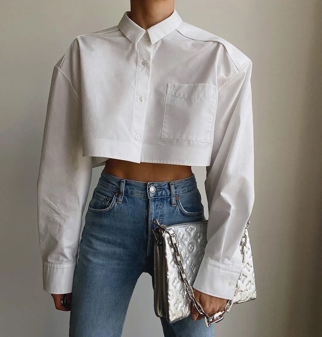 

2021 summer new style French simple white lapel pocket cardigan loose short shirt female temperament top