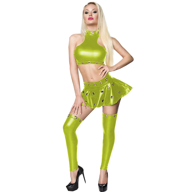 Клубный Комплект из трех предметов с мокрым эффектом укороченный топ