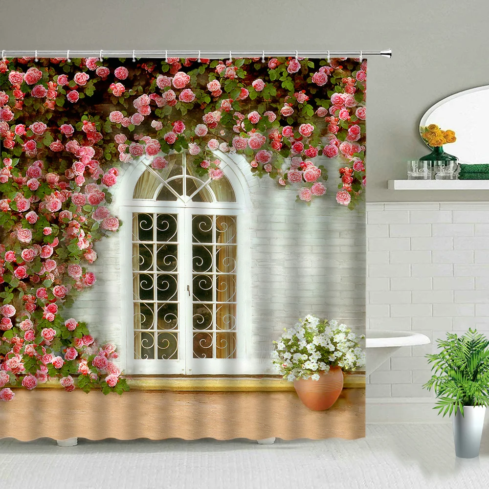 Flowers Spring Scenery Bathroom Set Shower Curtain Street Red Pink Flower Retro Design Garden Wall Decoration Hanging Curtains