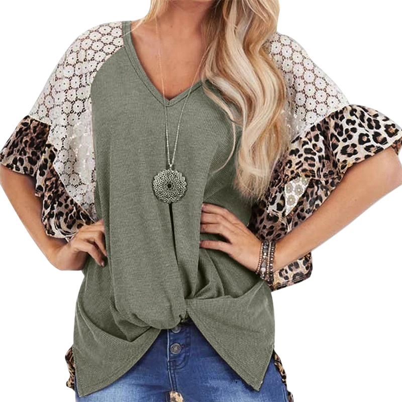 

Леопардовый принт, повседневный стиль, футболка для женщин, с V-образным вырезом и короткими рукавами и вышитым цветочным узором Полые футбо...