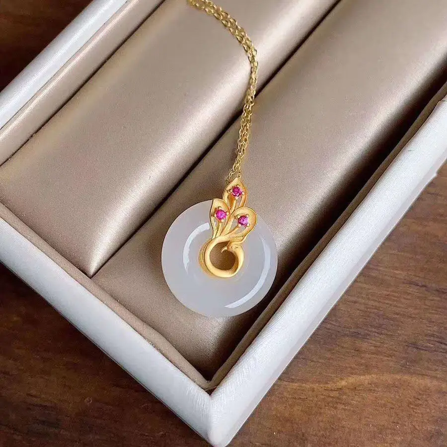 

Natural Hetian Jade Safety Buckle Pendant Jade 2021 hot new style Phoenix Vintage Necklace Women's White Jade to Give Mom J
