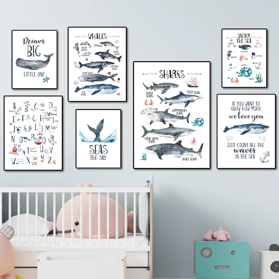 Постеры и принты в скандинавском стиле Картина на холсте с акварелью Китом