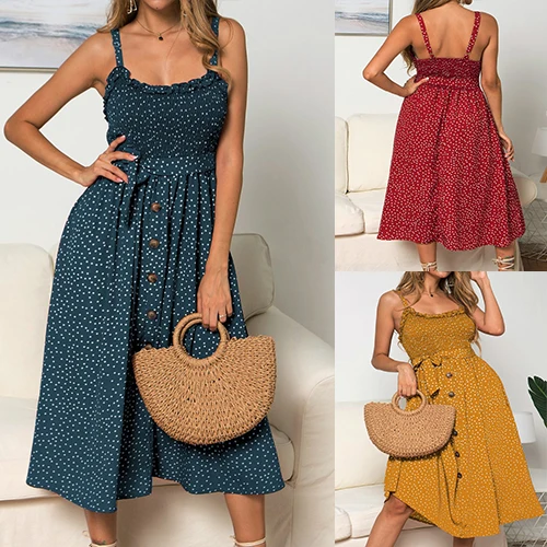 

Beach Midi Sun Party Summer Shirred Strappy Dress Polka Ladies Dresses Dot Women