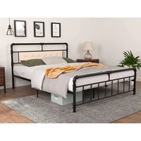 full size classic reinforced metal bed frame wvintage upholstered headboardfootboard premium heavy duty steel slat support