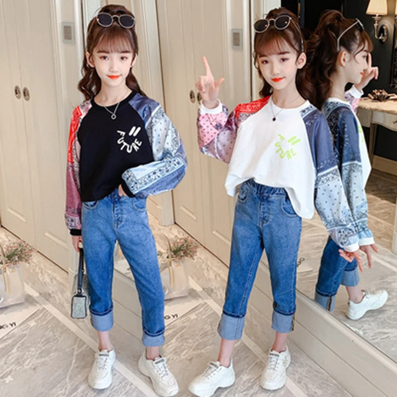 

13 14 Year Kids Clothes Spring Autumn Fashion Children's Clothing Set Long Sleeve Top + Jeans Two-piece Set Teenage Kids Outfits