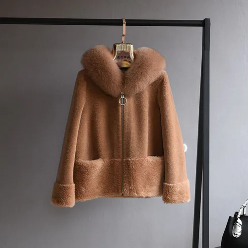 OFTBUY пальто с натуральным мехом, зимняя женская куртка, Воротник из натурального Лисьего меха, капюшон, шерсть, тканая верхняя одежда, плюшевый флис - Цвет: brown