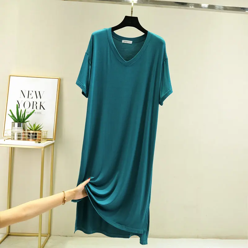 Fdfklak V-Neck Deign 2022 Summer New Modal Nightdress Women Sleepwear Solid Loose Leisure Night Dress Solid Color Nightgown