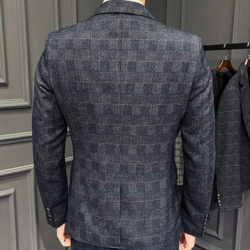 

( Blazer + Vest + Pants ) Groom Wedding Dress Mens Plaid Business Suit 3 Pce Sets Show Party Social Male Stage Suit