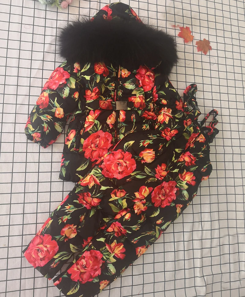 Real raccoon fur 2019 winter jacket child suit jacket+pant twinset boy &amp girl ski suits children down outerwear parka | Детская